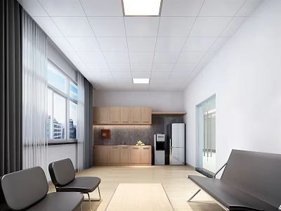 Bright Tea Room Interior Design With Wooden Cabinets Refrigerator Seating And Windows 3d model