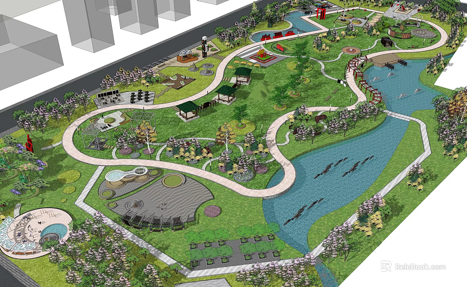 Park Landscape With Lush Lawns Winding Paths Water Features And Green Trees 3d model 