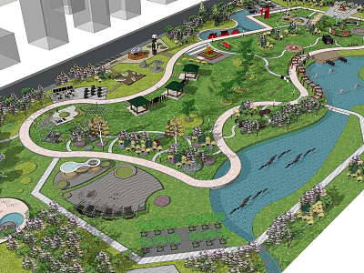 Park Landscape With Lush Lawns Winding Paths Water Features And Green Trees 3d model