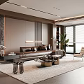 Modern Living Room With Leather Sofa Marble Wall Floor to Ceiling Windows And Potted Plant