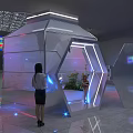 Modern Hexagonal Transparent Display Space With Neon Lights Indoor Plants And People Inside