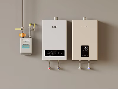 Two Modern Wall Mounted Gas Water Heaters With Gas Meter 3d model