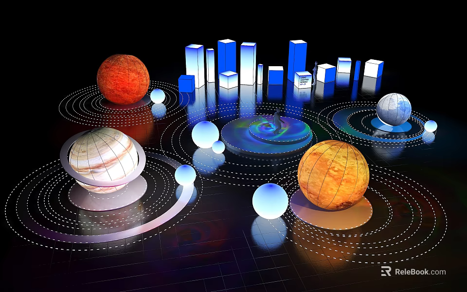 Colorful Planets and Illuminated Geometric Blocks with Orbital Lines and Reflective Surfaces 3d model 