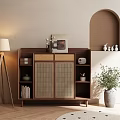 Minimalist Wooden Sideboard With Photo Frame Books Decorations And Potted Plant Near Floor Lamp