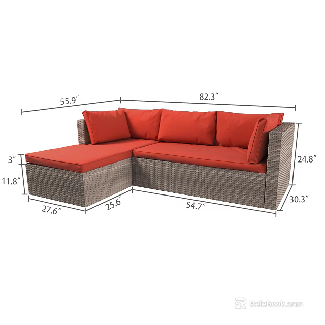 L Shaped Casual Sofa Set With Orange Cushions And Wicker Construction 3d model