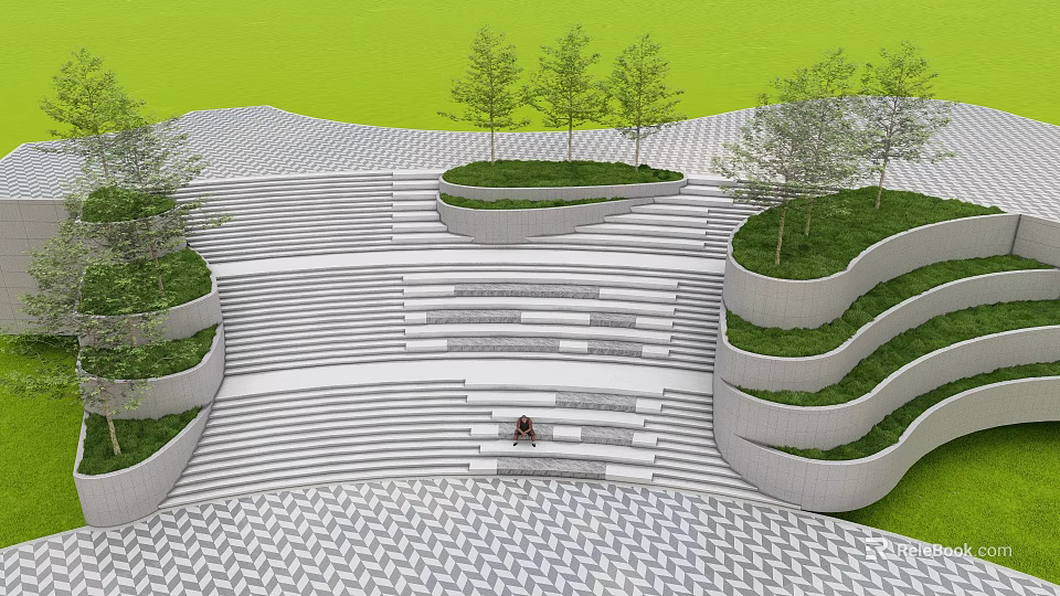 Geometric Paved Stairs With Curved Lawn Beds And Trees In Green Landscape 3d model 
