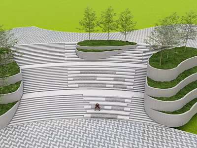 Geometric Paved Stairs With Curved Lawn Beds And Trees In Green Landscape 3d model