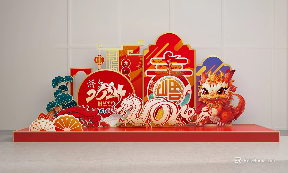 2024 Red Chinese New Year Dragon Decorations Featuring Fortune Spring Lanterns And Clouds 3d model 