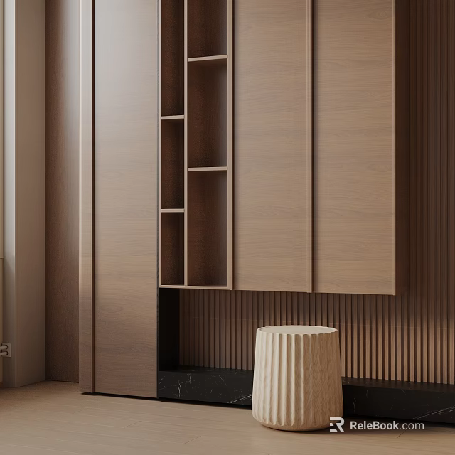 Modern Light Wood Side Table With Cylindrical Design And Black Tabletop By Wooden Storage Cabinet 3d model 