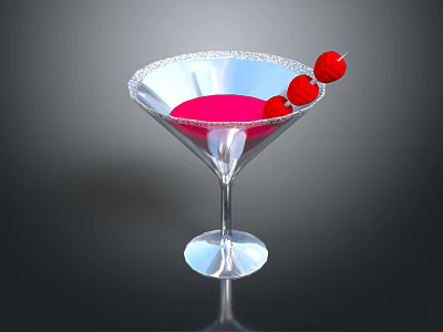 Elegant Martini Glass with Pink Liquid and Red Cherries on Dark Surface 3d model