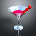 Elegant Martini Glass with Pink Liquid and Red Cherries on Dark Surface