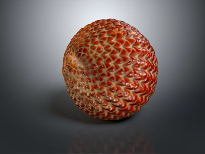 Vibrant Red and Orange Fruit with Scaly Texture in Spherical Shape on Reflective Dark Background 3d model