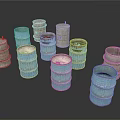 Vintage Metal Barrels in Blue and Gray with Stacked and Single Arrangement