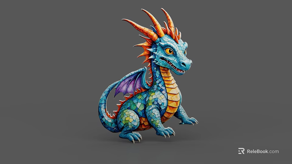 Cute Cartoon Flying Creature With Blue Body Orange Horns Purple Wings And Colorful Scales 3d model 