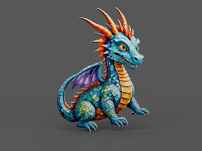 Cute Cartoon Flying Creature With Blue Body Orange Horns Purple Wings And Colorful Scales 3d model