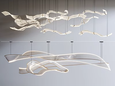 Modern Lighting Combination with Curved White Light Strips Hanging in Air Featuring Sleek Flowing Lines 3d model