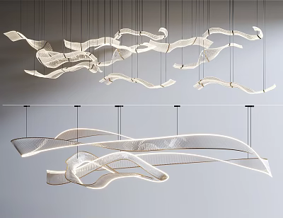Modern Lighting Combination with Curved White Light Strips Hanging in Air Featuring Sleek Flowing Lines 3d model
