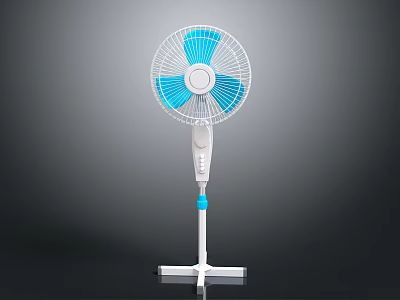 White And Blue Standing Electric Fan With Adjustable Height And Stable Base 3d model