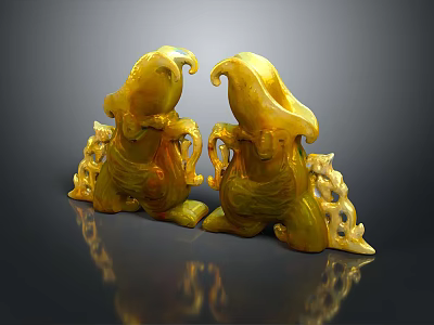 Pair of Golden Jade Sculptures with Intricate Mythical Figure Carvings and Glossy Surface 3d model