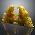 Pair of Golden Jade Sculptures with Intricate Mythical Figure Carvings and Glossy Surface