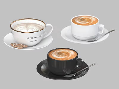 Sleek Coffee Cups With Latte Art And Cookies On White And Black Saucers And Spoons 3d model