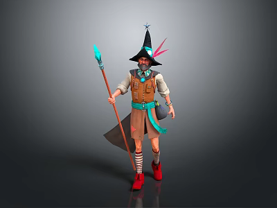 Fantasy Wizard Character Wearing Pointed Hat Feather Decoration Brown Vest And Blue Tip Staff 3d model