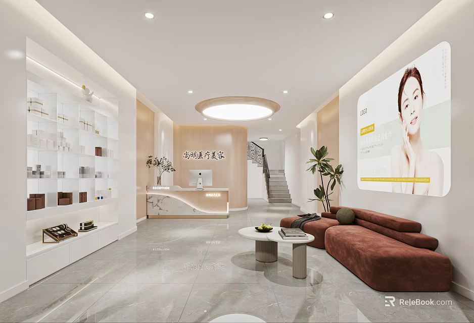 Modern Beauty Salon Interior With Product Displays Reception Lounge Area Plants And Large Screen 3d model 