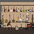 Organized Music Studio With Musical Instruments Art Supplies Guitars Piano Drum Set And Shelves