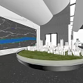 Modern Sales Office Interior Space Featuring Circular Reception Desk Green Chairs And Large Windows