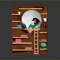 Scenic Bookshelf Reading Nook With Colorful Books Wooden Ladder Green Plants And Girl Reading