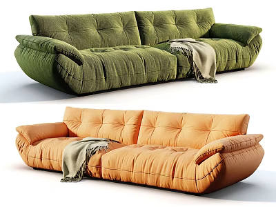Modern Comfortable Three Seater Sofa in Green and Orange with Soft Throw Blanket 3d model