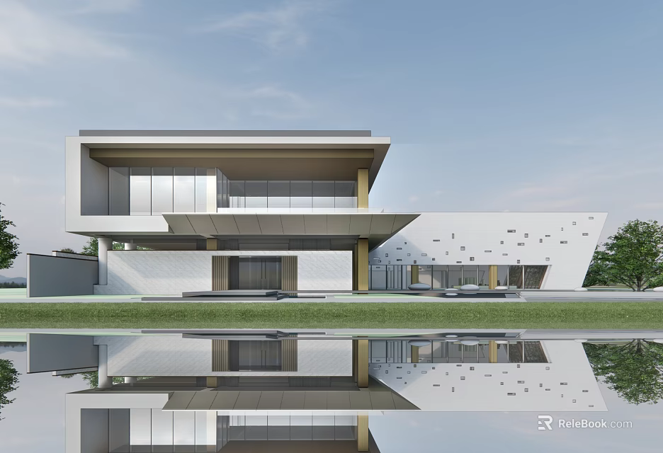 Modern Minimalist Architecture Featuring White Facade Large Glass Windows And Water Reflection 3d model 