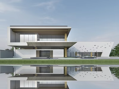 Modern Minimalist Architecture Featuring White Facade Large Glass Windows And Water Reflection 3d model
