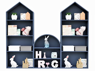 Blue Decorative Cabinets With Rabbit Figurines Books Mini House Models And Potted Plants 3d model