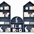 Blue Decorative Cabinets With Rabbit Figurines Books Mini House Models And Potted Plants
