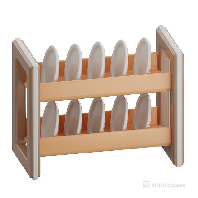 Wooden Cabinet Dish Storage Rack With Two Tier Design And White Dishes 3d model 