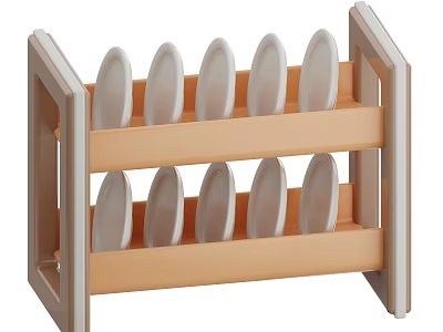Wooden Cabinet Dish Storage Rack With Two Tier Design And White Dishes 3d model