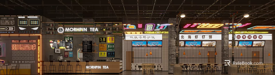 Vibrant Urban Restaurant Interior With Neon Signs Tea Station Brick Walls And Wooden Tables 3d model 