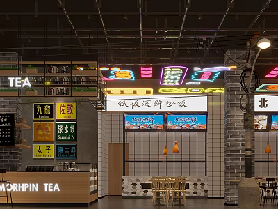 Vibrant Urban Restaurant Interior With Neon Signs Tea Station Brick Walls And Wooden Tables 3d model