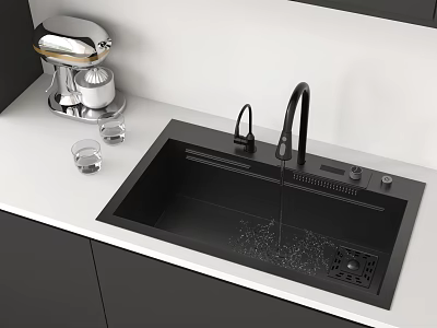Black Kitchen Sink With Faucet Water Flowing On White Countertop By Coffee Maker Glass Cups 3d model