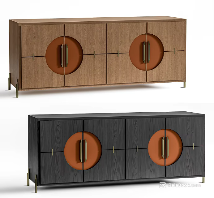 Modern Wooden Entryway Console Cabinet With Circular Orange Door Panels And Gold Handles 3d model 