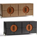 Modern Wooden Entryway Console Cabinet With Circular Orange Door Panels And Gold Handles