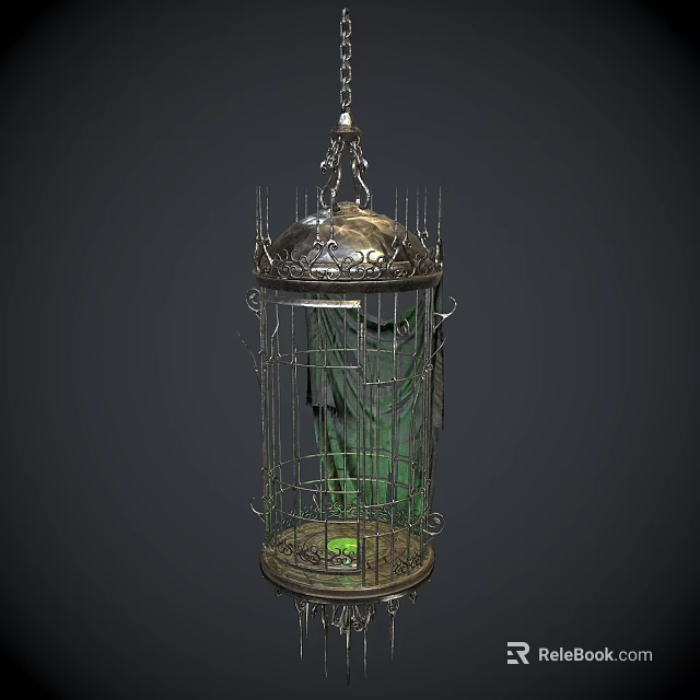 Elegant Ornamental Decor Set With Metal Birdcage Green Accents And Intricate Top Design 3d model 