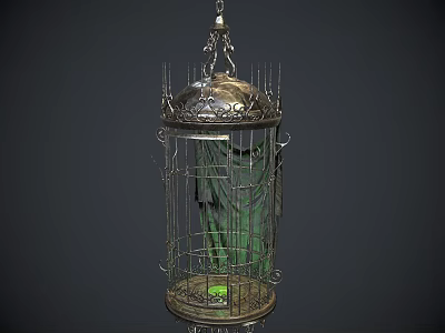 Elegant Ornamental Decor Set With Metal Birdcage Green Accents And Intricate Top Design 3d model