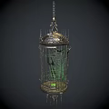 Elegant Ornamental Decor Set With Metal Birdcage Green Accents And Intricate Top Design