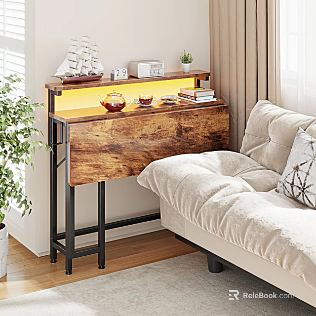Cozy Living Room with Wooden Sideboard Warm Lighting Beige Sofa and Green Plant 3d model 
