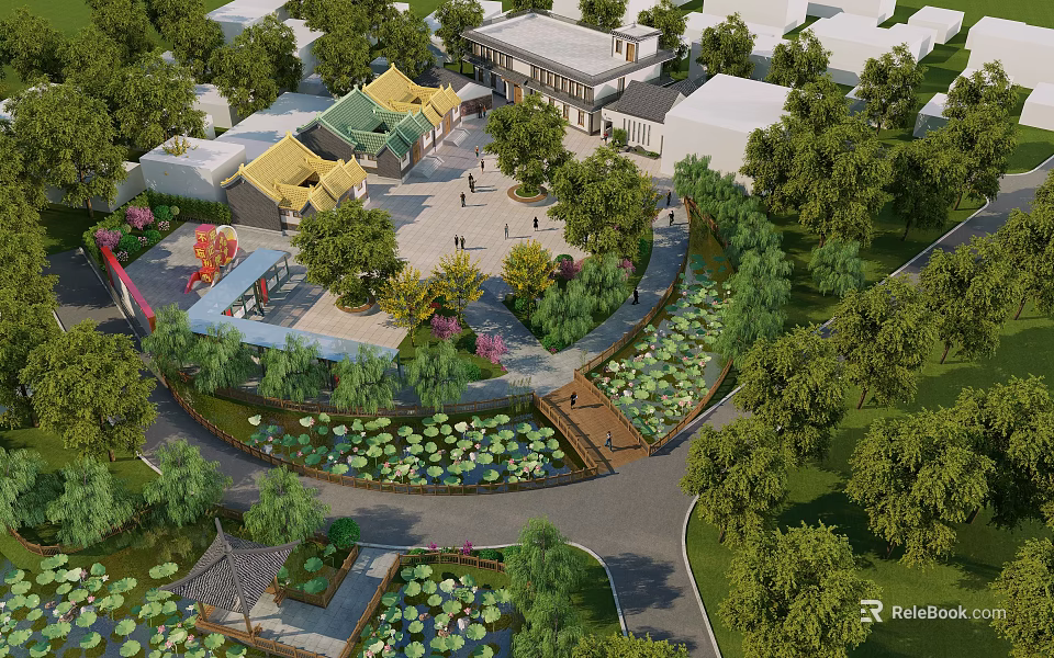 Traditional Chinese Garden Landscape with Lotus Pond Small Bridge Green Trees and Pathways 3d model 