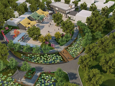 Traditional Chinese Garden Landscape with Lotus Pond Small Bridge Green Trees and Pathways 3d model