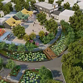 Traditional Chinese Garden Landscape with Lotus Pond Small Bridge Green Trees and Pathways