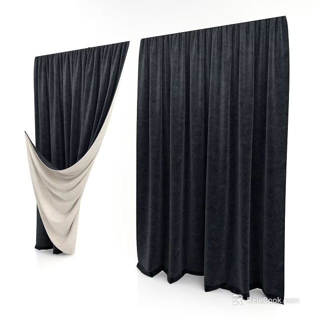 Black Velvet Curtains With Beige Lining For Elegant Window Dressing 3d model 